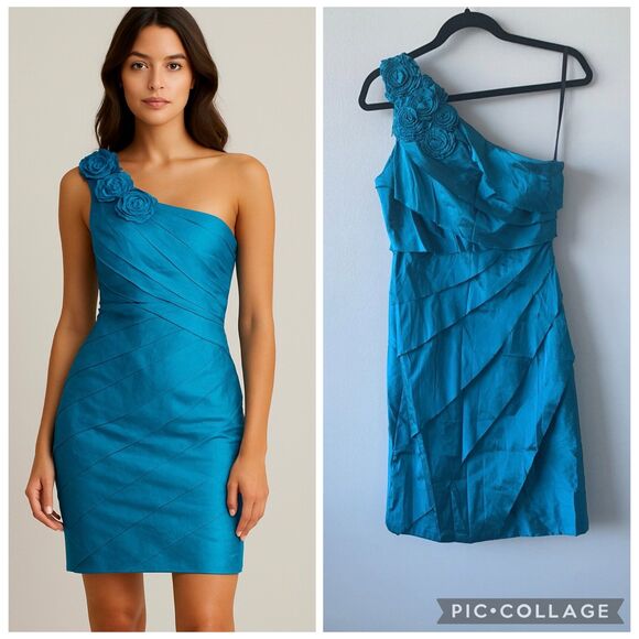 Maggy London Plus Blue Floral One Shoulder Dress Retro Gossip Girl Feminine Chic - Picture 1 of 12